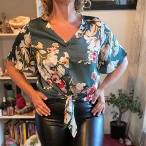 Green Blouse with Floral Design